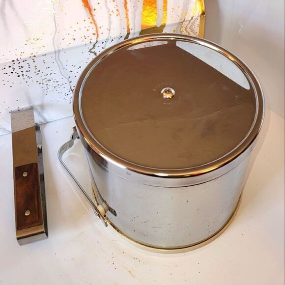 Vintage Mint 1960's Atapco Chrome Teakwood Handle/Top Ice Bucket w/Tongs USA  - Picture 3 of 5
